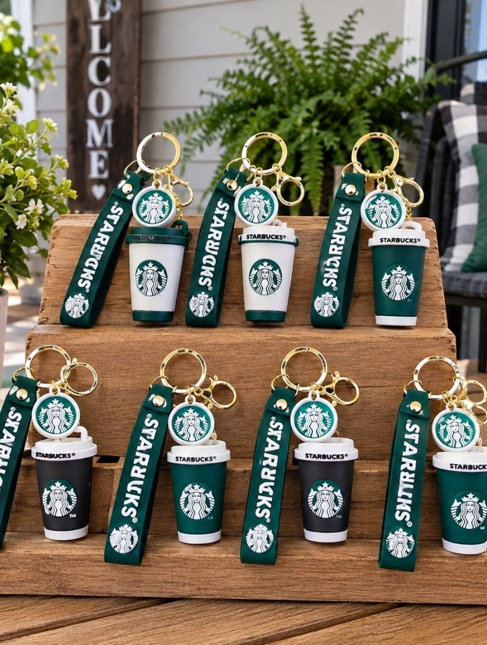 Starbucks Green & White Mini Coffee Cup Keychain Favors with Gold Hardware NEW.